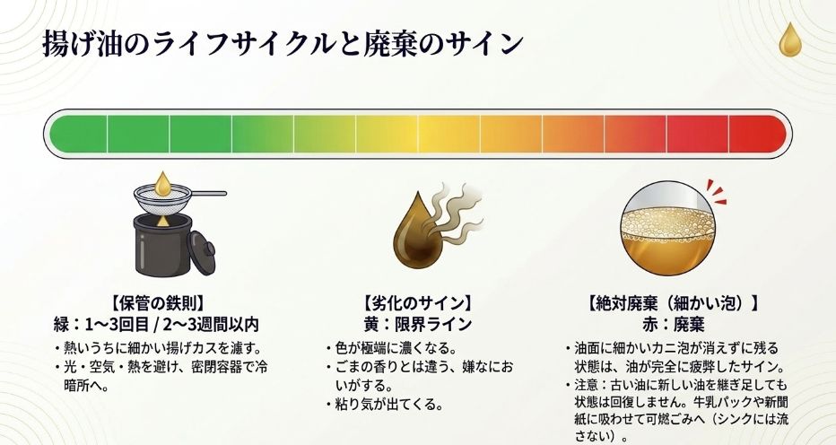 油の保管方法や、色・におい・カニ泡といった油の劣化や廃棄のサインを色分けして分類した図
