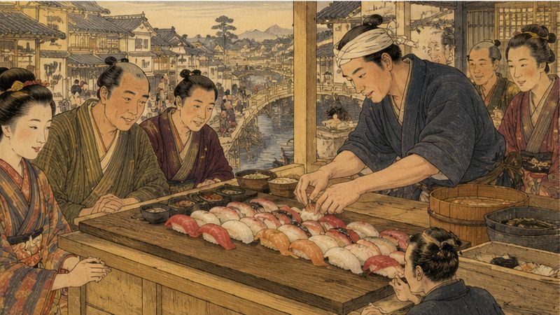 江戸時代の寿司屋台で握り寿司を楽しむ町人たちの様子