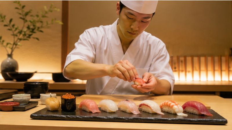 現代の寿司店で日本人職人が握り寿司を仕上げる様子