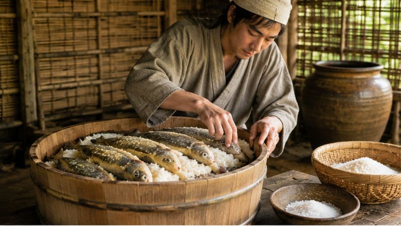 魚と米を木桶に漬けて発酵保存食を仕込む昔の日本の様子