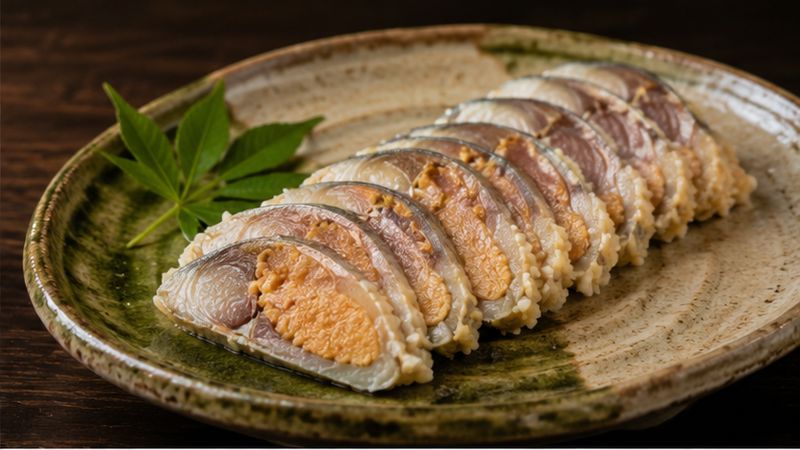 魚と米を長期間発酵させて作る伝統的ななれずしの盛り付け