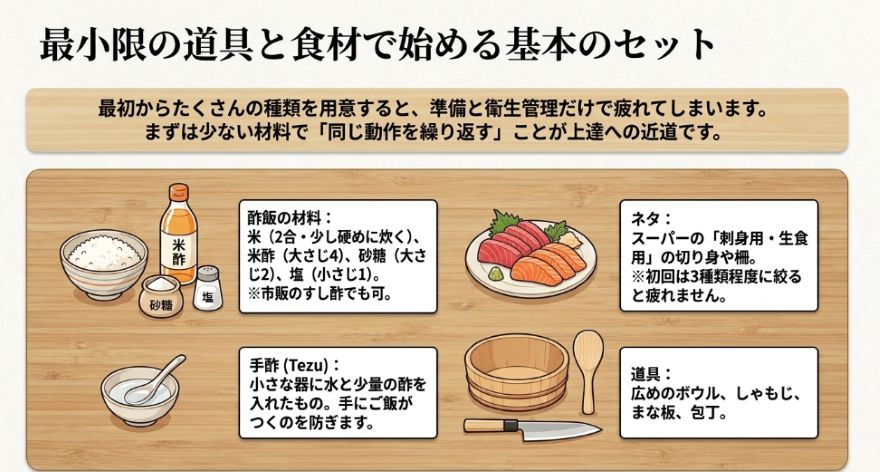 最小限の道具と食材で始める基本のセット。米、酢、塩、砂糖、刺身、手酢、ボウル、しゃもじ、包丁などの材料と道具のイラスト