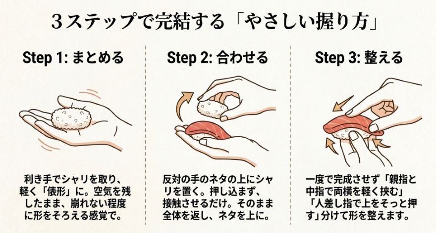3ステップで完結するやさしい握り方。まとめる、合わせる、整えるの手順を描いたイラスト